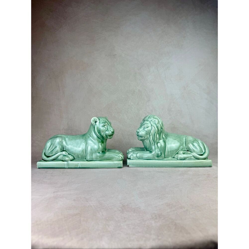 Vintage Art Deco Style Lion and Lioness Ceramic Statues Figurines 1940s